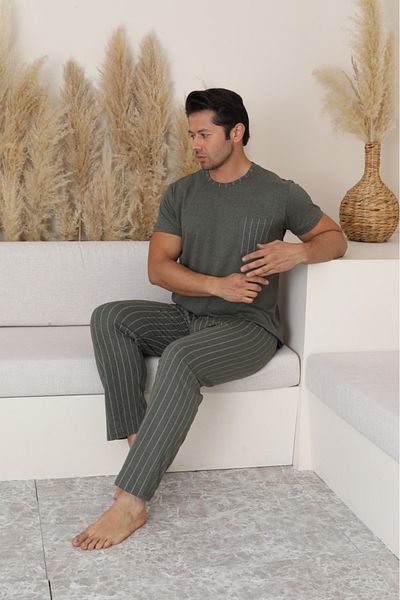 GİYDİNGİYDİN Men's Striped Pocket Short Sleeve Pajama Set