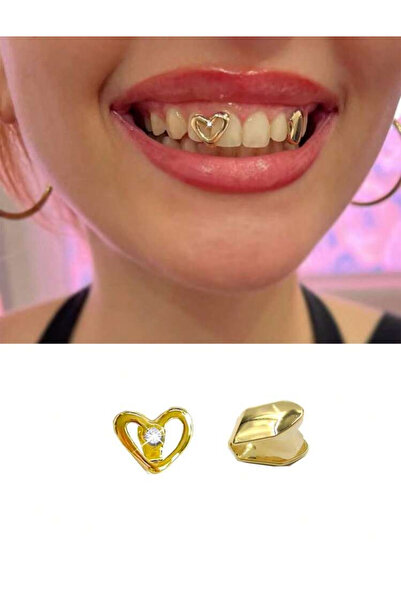 La Saade Y2k Gümüş Rengi Kalpli Taşlı ve Düz İkili Tooth Grillz Gems Diş Taşı Aksesuar