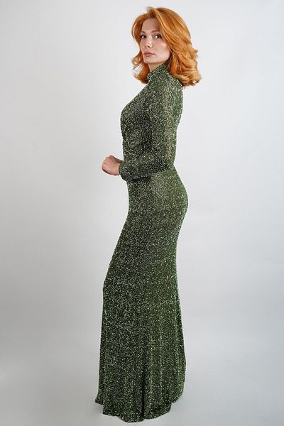 SpringStore Green Waist Draped Hijab Evening Dress