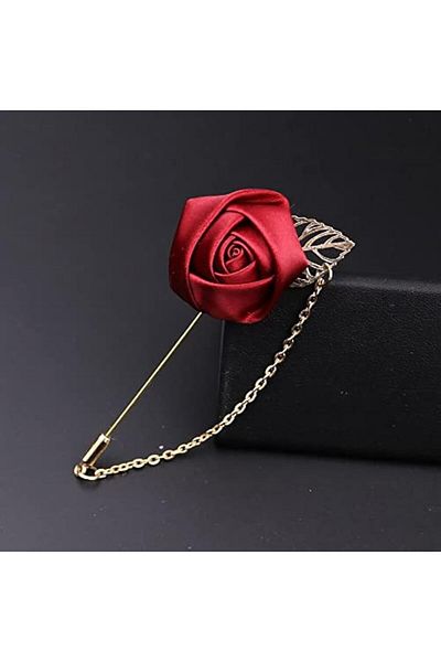 fulina Gold Foil Brooch, With Red Rose and Metal Chain, Handmade, Suitable for Suits and Weddings