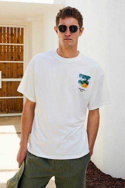 GRIMELANGE Italia Men's 100% Organic Cotton Front Back Print Detailed Oversize Short Sleeve Ecru T-Shirt