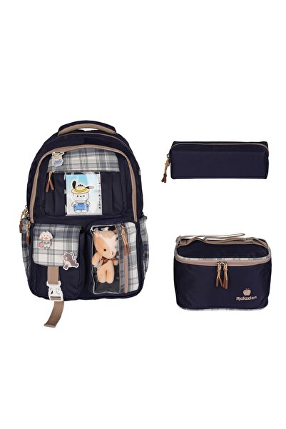 Relaxion Kore Tarzı Lüks 3'lü Set (Çanta-Beslenme-Kalemlik) Okul Çantası