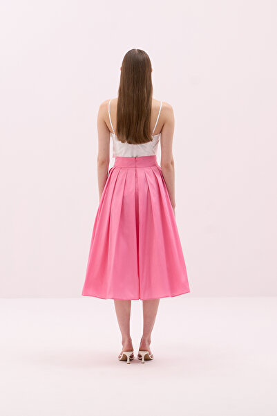 Roman Toka Detaylı Pileli Tafta Midi Boy Etek Pembe Y2515046_038