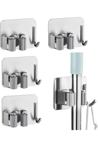 COOYA 4PCS Mop Broom Holder, Wall Mount, Self-Adhesive, 3 Racks 4 Hooks, for Home Bathroom(Silver)