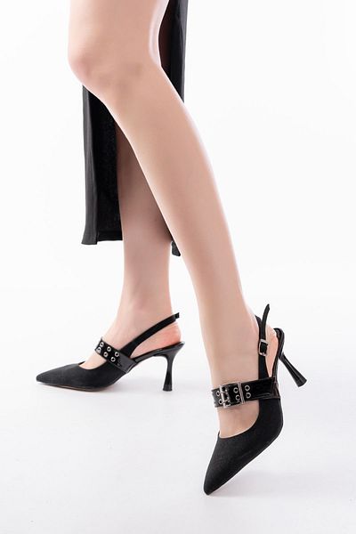 Moda Asmira Inf-260 Black Glitter Daily Open Back Helmet Buckle Heeled Shoes