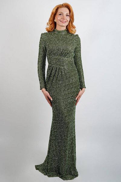 SpringStore Green Waist Draped Hijab Evening Dress