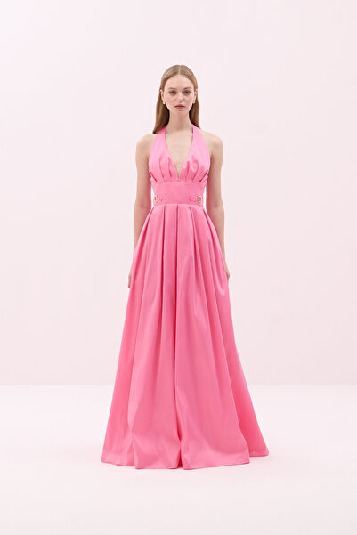 Roman Toka Detaylı Sırt Dekolteli Tafta Elbise Pembe Y2511340_038