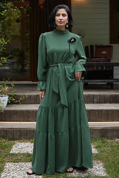 InStyle Khaki Dress with Flower Brooch Detail Belted