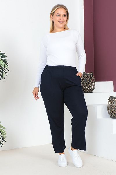 tarzımsüper Women's Large Size Comfort Model Elastic Waist Pocket Lycra and Comfortable Fit Wide Leg Pants