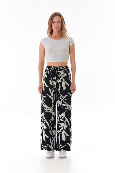 Fulla Moda Leaf Patterned Palazzo Trousers with Elastic Waist