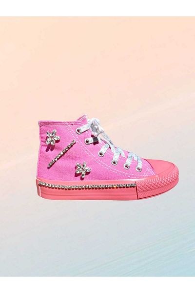LİASSHOES Shiny Flower Stone Sole Shiny Stone Pink Pink Sole Linen Lace-Up Children's Sports Shoes Sneaker