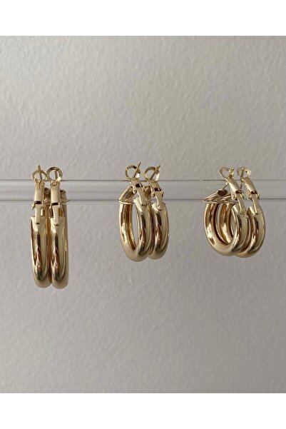 stainles steel Gold 3 Boy Çift 6'lı Perry Halka Küpe Seti
