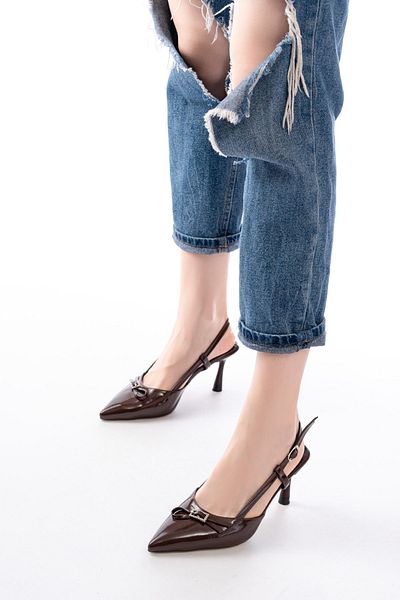 ASKA Inf-2300 Brown Patent Leather Daily Open Back Bow Heeled Shoes