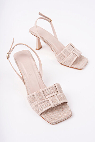 MARSHETTA Lusia Model Beige Linen Women's Thin Heeled Daily Outdoor Shoes