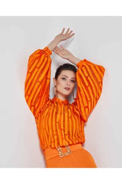 SERPİL Kadın Çizgili Gömlek- Kendinden Desenli Transparan - Modern ve Şık