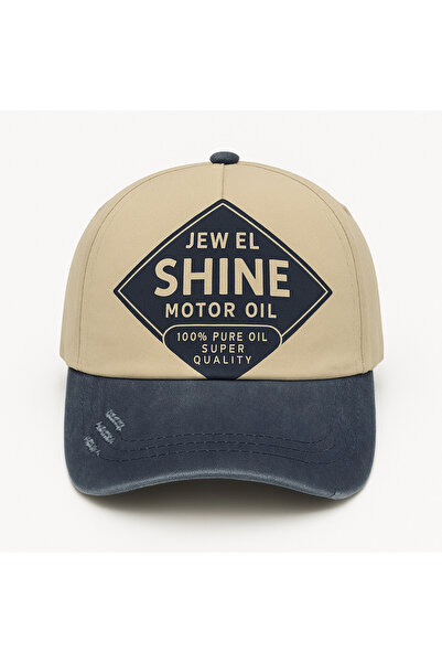 NO BRAND Vintage Shine Petrol Patch Erkek Şapka – Bej Lacivert-Eskitme Detaylı
