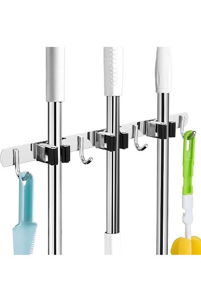 COOYA Broom Mop Holder Wall Mount, Self Adhesive, with 3 Racks and 4 Hooks, for Kitchen, Garden, Room