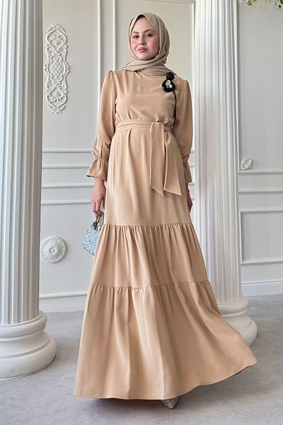 InStyle Rochie Camel cu curea cu detaliu broșă cu flori