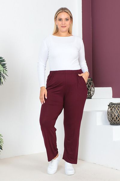 tarzımsüper Women's Large Size Comfort Model Elastic Waist Pocket Lycra and Comfortable Fit Wide Leg Pants