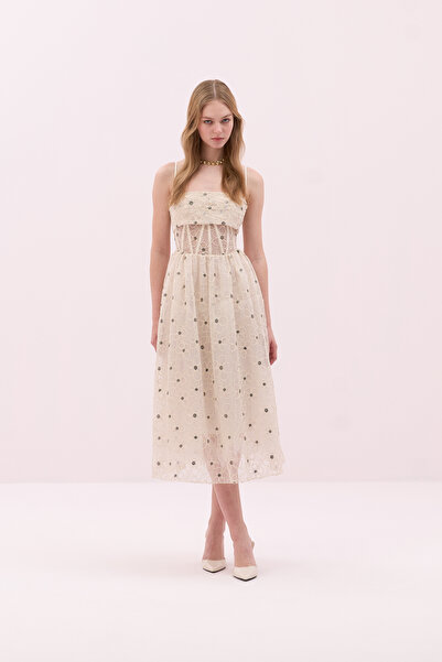 Roman Çıkarılabilir İnce Askılı Straplez Midi Boy Elbise Ekru Y2511312_049
