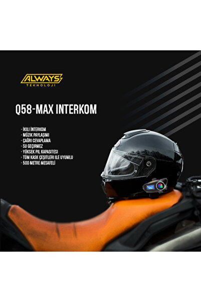 ALWAYS TEKNOLOJİ 2 ADET Q58-MAX Radyolu Telsiz Özellikli 2 Kişi Bağlantılı Bluetooth Kask Kulaklık Ekranlı Fenerli Mü