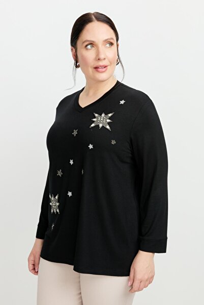 accort Büyük Beden Taşlı Yıldız Bluz-SİYAH