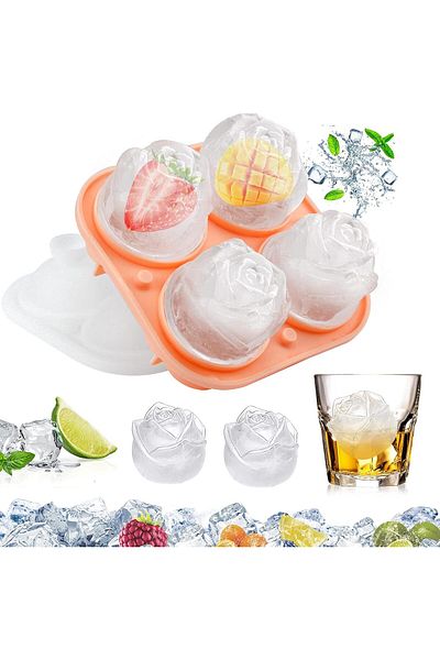 COOYA Four-Grid Rose-Shaped Ice Tray, Safe Silicone, Can Make Ice Balls Repeatedly, Suitable for Beverages