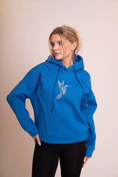 AFLOOW Hanorac supradimensionat cu glugă pentru femei Muse Sax Blue - Detaliu de broderie, croială confortabilă, casual și sport