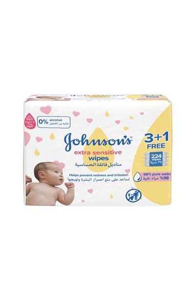 Johnson's Baby Extra Sensitive Wipes - 224 Wipes (3 + 1)