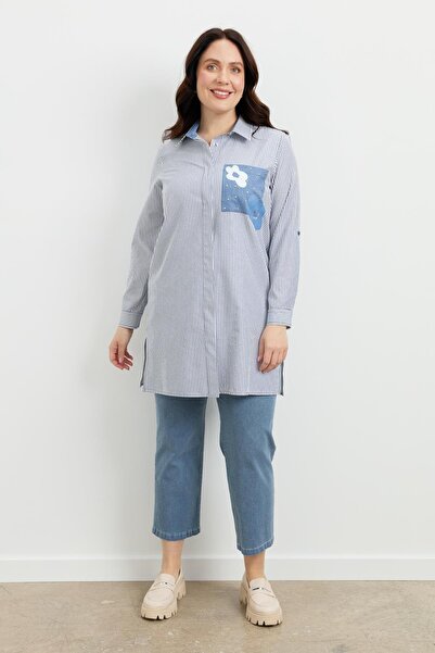 accort Büyük Beden Baskı Detay Gömlek Tunik-MAVİ