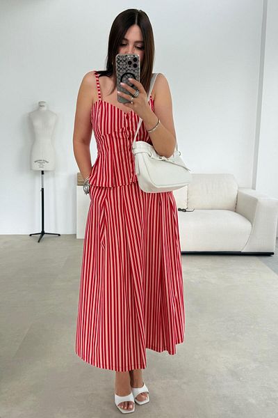 ELVAN TOLON Red striped skirt blouse set