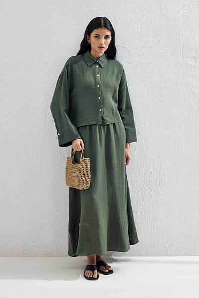 Hooopstore Muslin Emerald Green Skirt Set