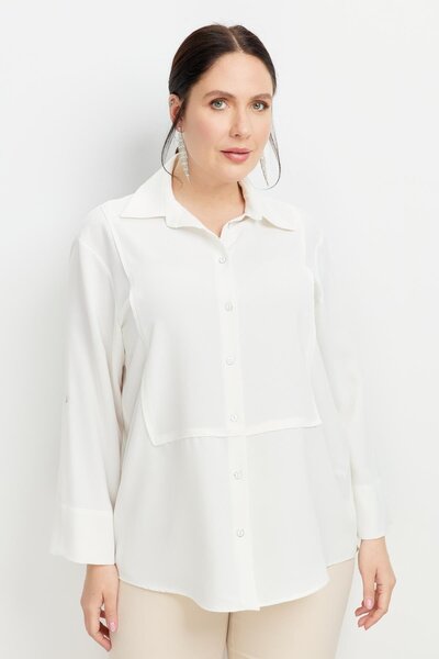 accort Büyük Beden Yakası Broşlu Gömlek-KEMIK