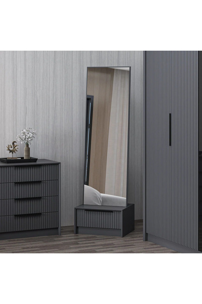 Furnitime Soft Kenarlı Mebran Kapaklı Boy Aynası - Antrasit Renk