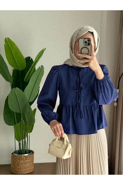 Refika Butik Cămașă Hijab pentru mânecă cu balon bleumarin Fusta acumulativă Top