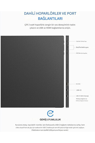 Arzopa S1 Table 15.6" Full HD 60Hz IPS Ultra İnce Taşınabilir Monitör