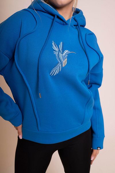 AFLOOW Hanorac supradimensionat cu glugă pentru femei Muse Sax Blue - Detaliu de broderie, croială confortabilă, casual și sport