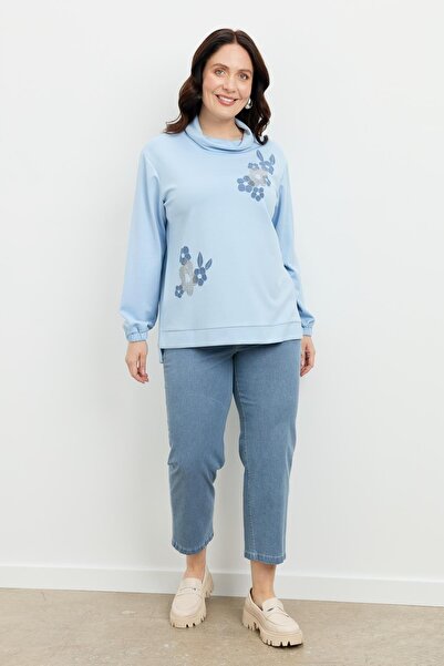 accort Büyük Beden Degaje Yaka Sweatshirt-MAVİ