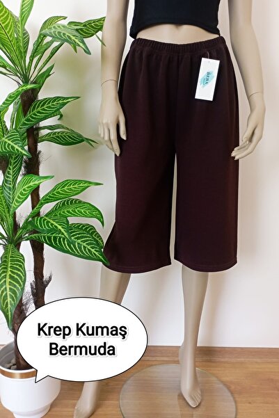 VİP BERA TEKSTİL Kadın Kahverengi Krep Kumaş Dökümlü Geniş Paça Likralı Bermu...