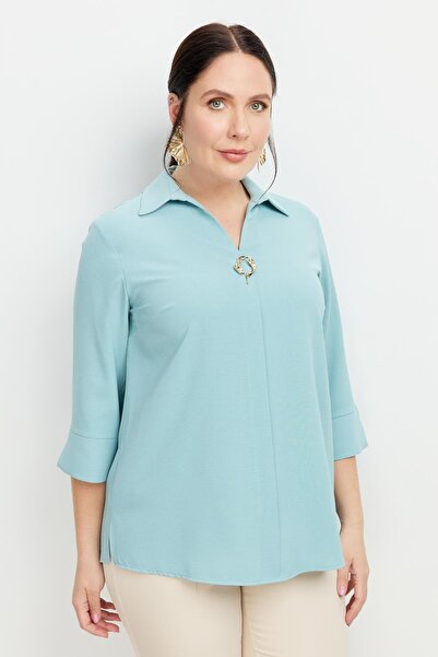 accort Büyük Beden Broş Detaylı Gömlek-MINT