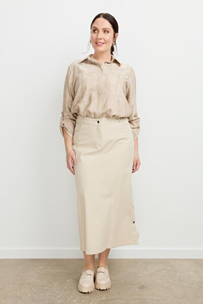 accort Büyük Beden Çıtçıt Detaylı Kot Etek-BEJ