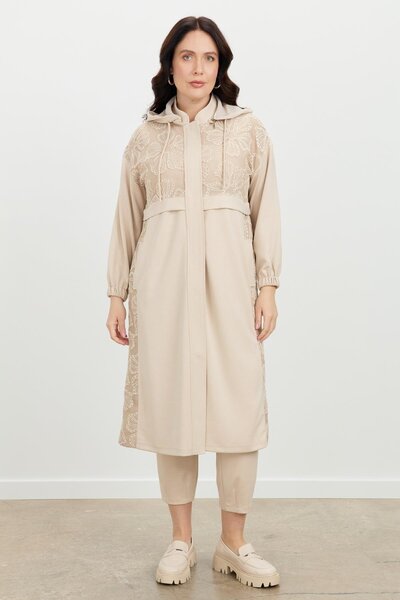 accort Büyük Beden Dantel Detay Tunik-BEJ