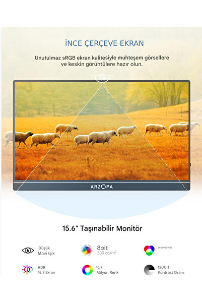 Arzopa A1 Gamut 15.6" Full HD 60Hz IPS Ultra İnce Taşınabilir Monitör