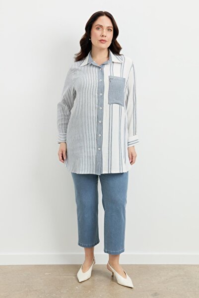 accort Büyük Beden Çizgi Desen Uzun Gömlek-MAVİ