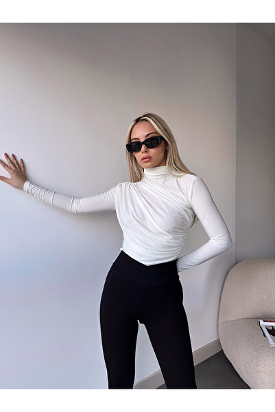 peralist Γυναικεία Λευκή Μπλούζα ψηλός λαιμός λεπτομέρεια με σούρες ελαστικό ύφασμα Σαντί