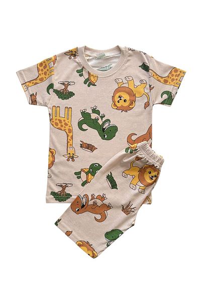 Şekerkids Boys' Cotton Beige Color Safari Patterned Short Sleeve Summer Shorts Pajama Set