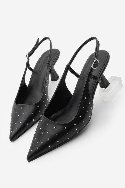 Marjin Damen Stiletto spitze Zehe Slingback Staple detaillierte hochhackige Schuhe Timon Schwarz