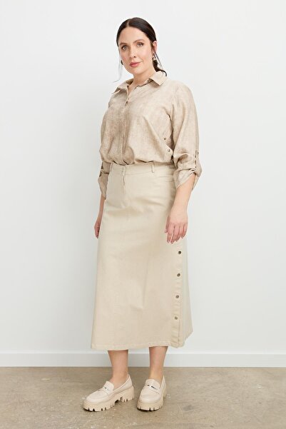 accort Büyük Beden Çıtçıt Detaylı Kot Etek-BEJ