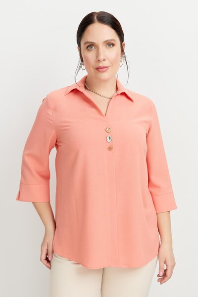 accort Büyük Beden Broş Detaylı Gömlek-ŞEFTALİ