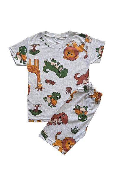Şekerkids Boys' Cotton Gray Color Safari Patterned Short Sleeve Summer Shorts Pajama Set